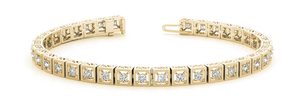 Yellow gold Milgrain Square Link Bracelet with Round Cut Diamonds in Bezel Setting