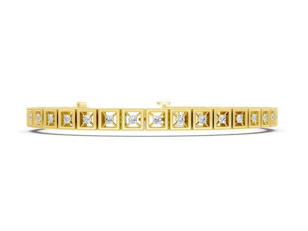 Yellow gold Milgrain Square Link Bracelet with Round Cut Diamonds in Bezel Setting