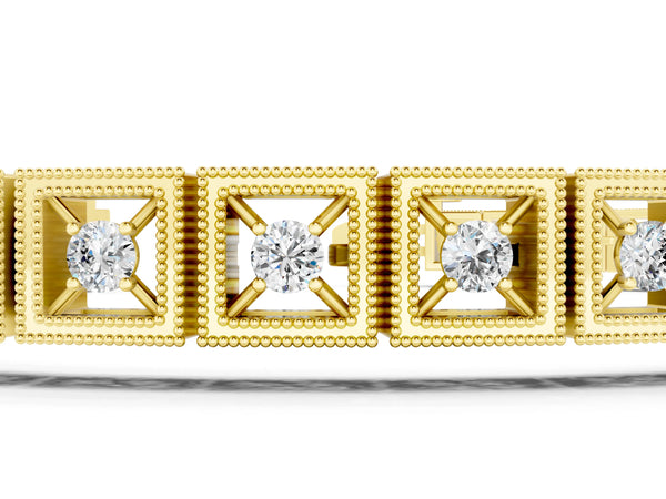 Yellow gold Milgrain Square Link Bracelet with Round Cut Diamonds in Bezel Setting