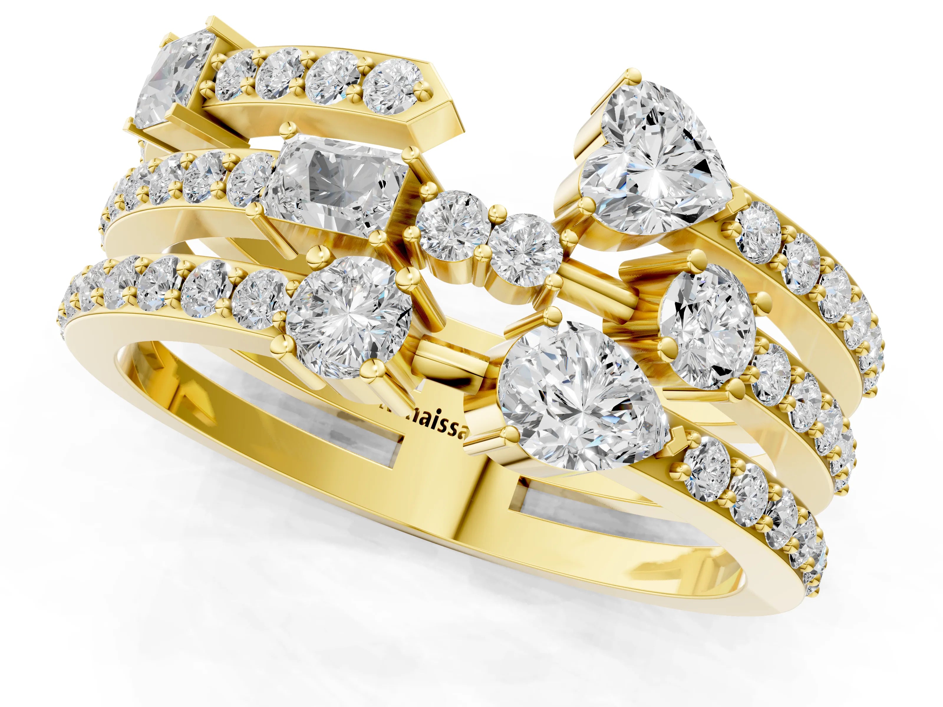 Yellow gold Mixed Shape Diamond Multi Row Promise Ring with Round Diamond Accents_1