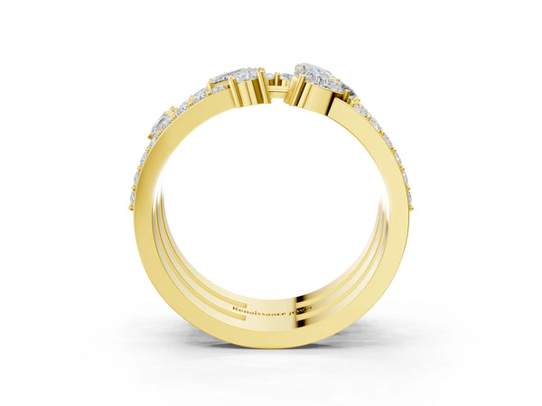 Yellow gold Mixed Shape Diamond Multi Row Promise Ring with Round Diamond Accents