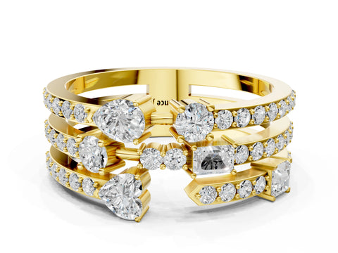 Yellow gold Mixed Shape Diamond Multi Row Promise Ring with Round Diamond Accents