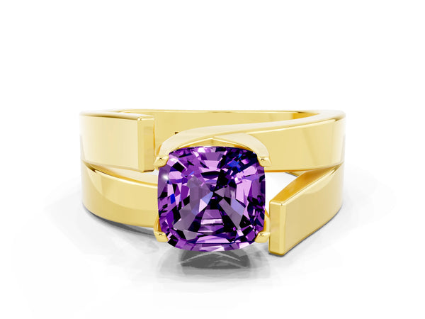 Yellow gold Modern Tension Set Cushion Cut Amethyst Solitaire Wide Band Ring