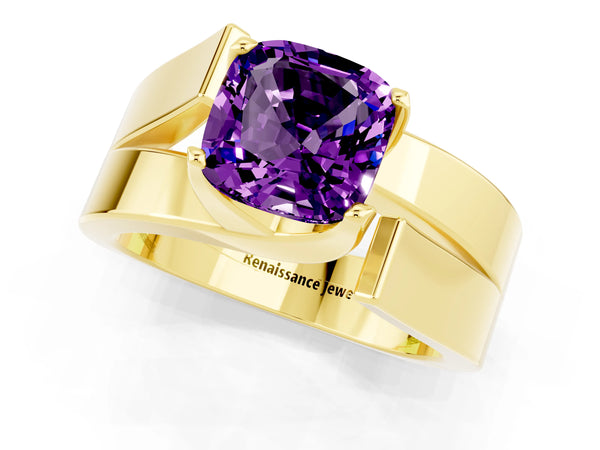Yellow gold Modern Tension Set Cushion Cut Amethyst Solitaire Wide Band Ring