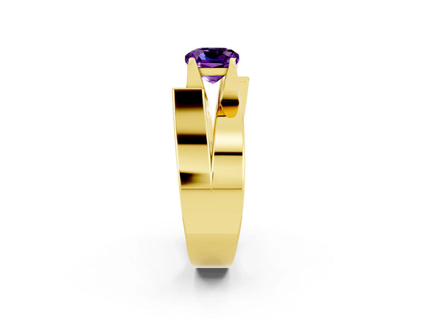 Yellow gold Modern Tension Set Cushion Cut Amethyst Solitaire Wide Band Ring