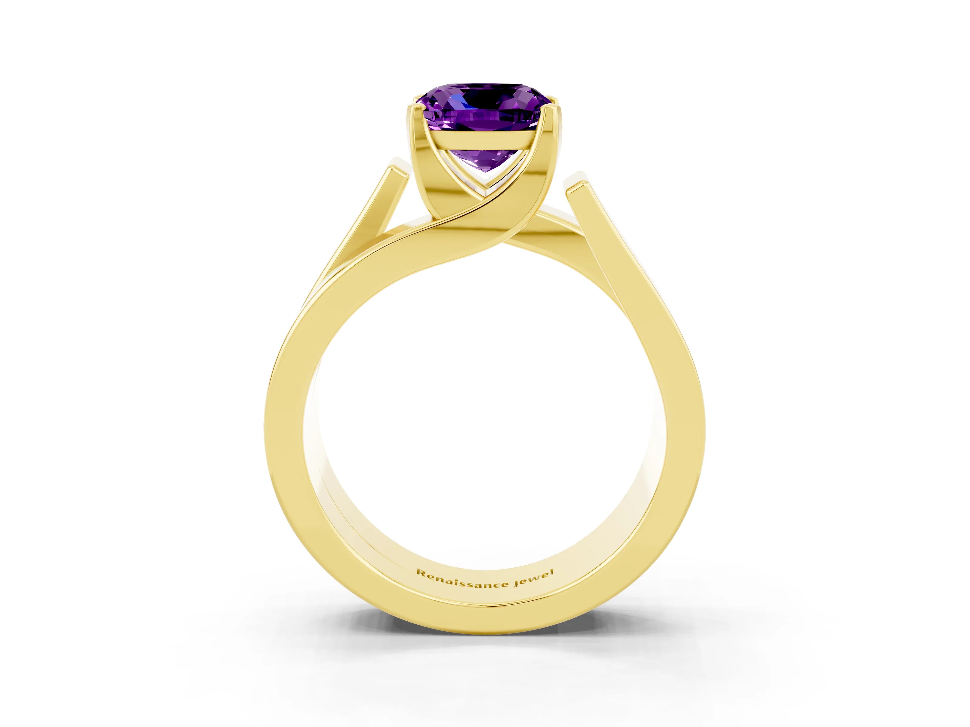 Yellow gold Modern Tension Set Cushion Cut Amethyst Solitaire Wide Band Ring_3