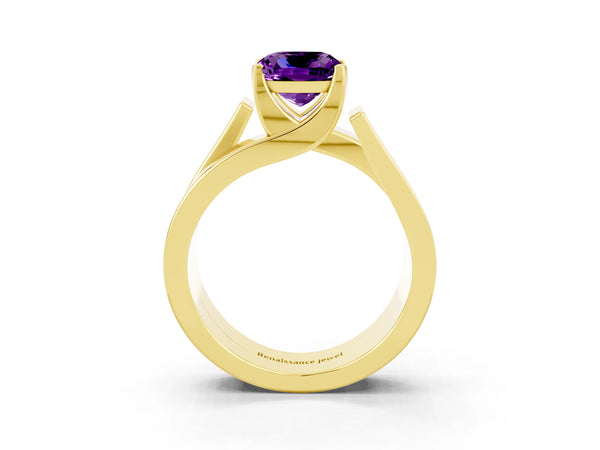 Yellow gold Modern Tension Set Cushion Cut Amethyst Solitaire Wide Band Ring