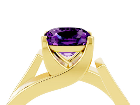 Yellow gold Modern Tension Set Cushion Cut Amethyst Solitaire Wide Band Ring_4