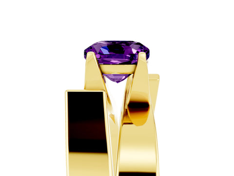 Yellow gold Modern Tension Set Cushion Cut Amethyst Solitaire Wide Band Ring_5