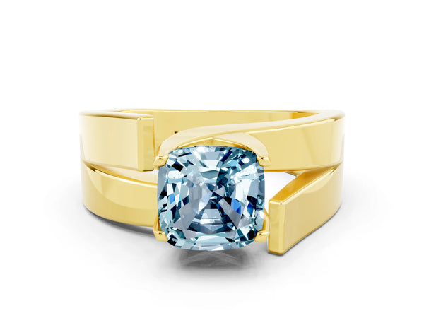 Yellow gold Modern Tension Set Cushion Cut Aquamarine Solitaire Wide Band Ring
