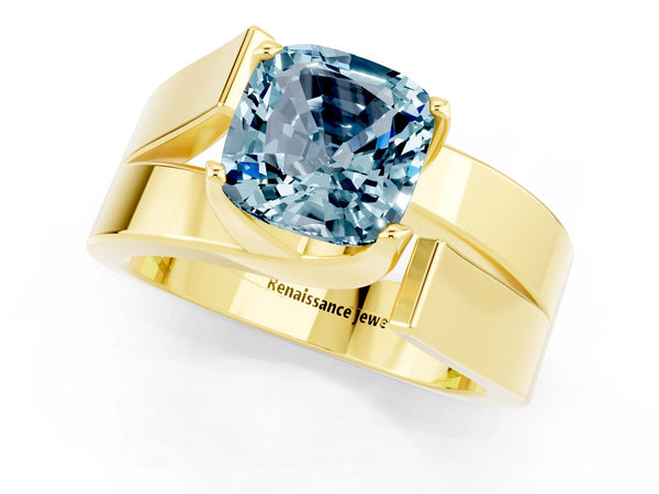 Yellow gold Modern Tension Set Cushion Cut Aquamarine Solitaire Wide Band Ring