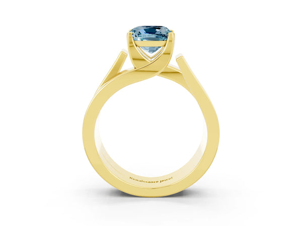 Yellow gold Modern Tension Set Cushion Cut Aquamarine Solitaire Wide Band Ring
