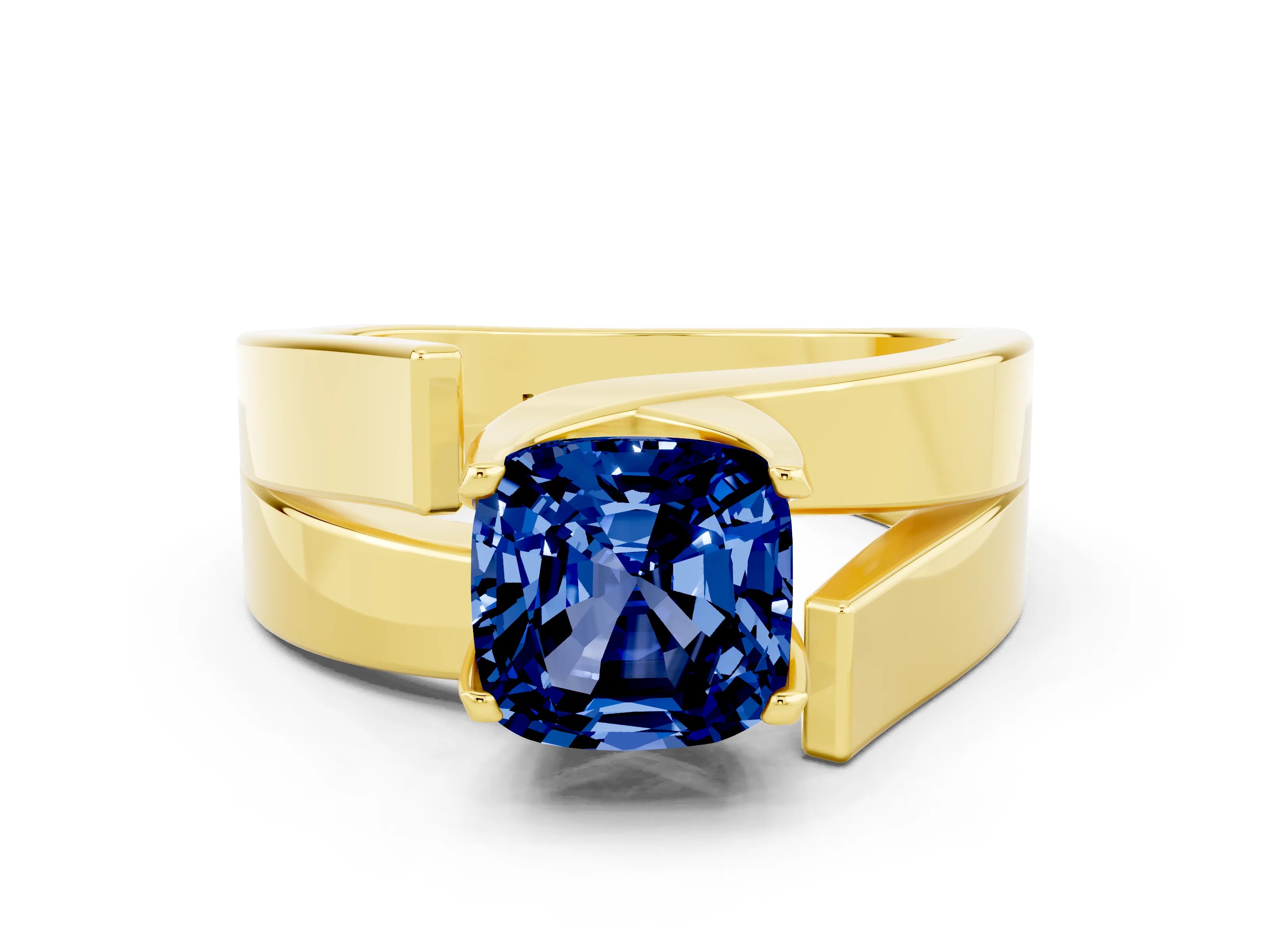 Yellow gold Modern Tension Set Cushion Cut Blue Sapphire Solitaire Wide Band Ring