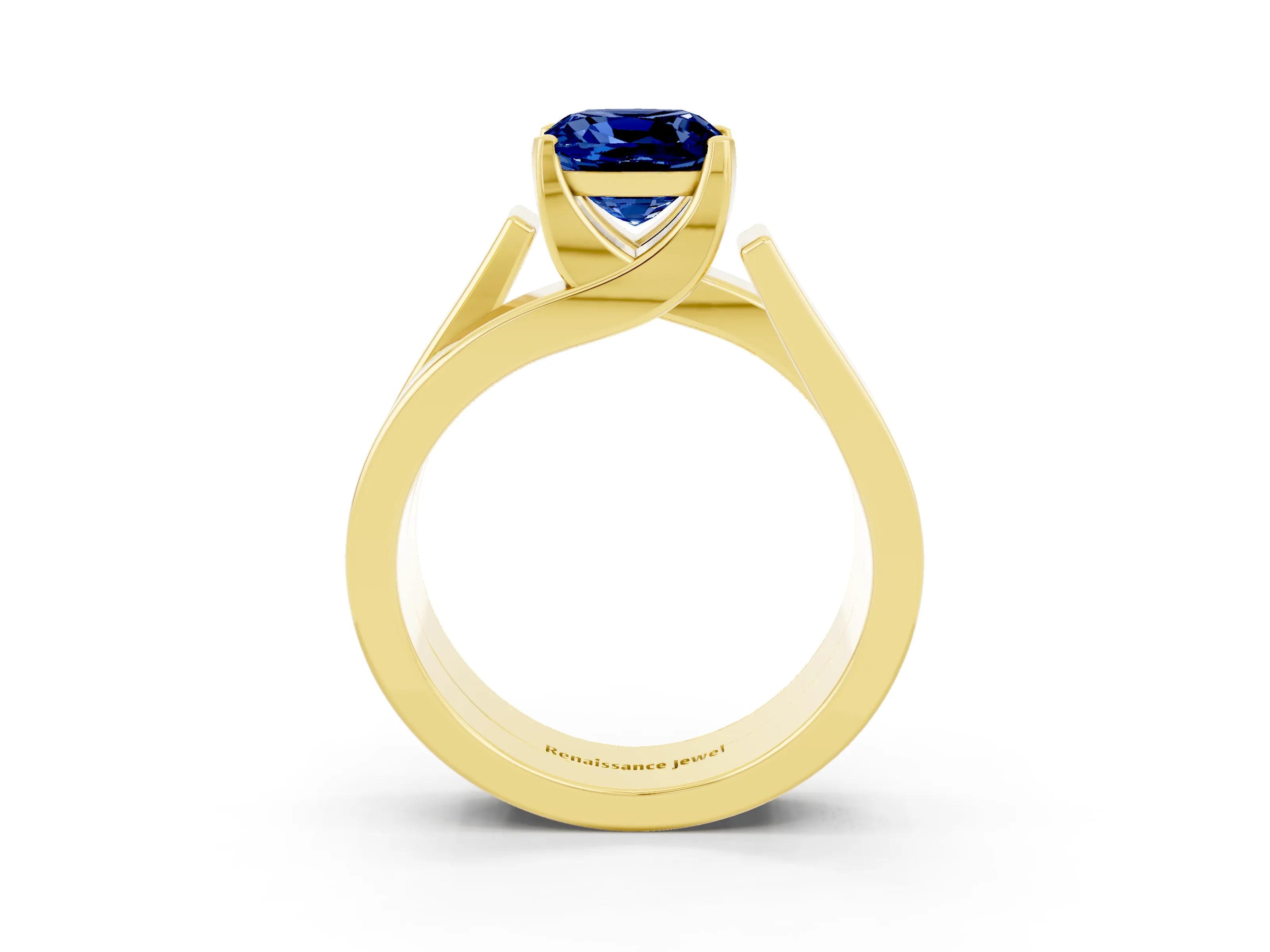 Yellow gold Modern Tension Set Cushion Cut Blue Sapphire Solitaire Wide Band Ring_3