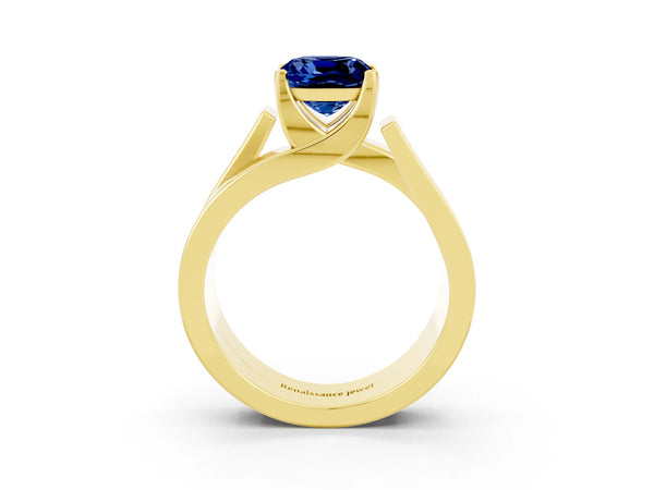 Yellow gold Modern Tension Set Cushion Cut Blue Sapphire Solitaire Wide Band Ring