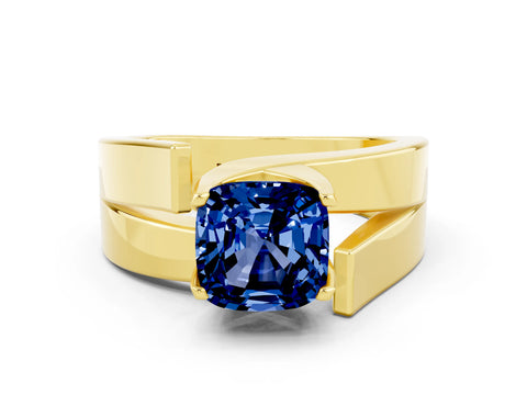 Yellow gold Modern Tension Set Cushion Cut Blue Sapphire Solitaire Wide Band Ring