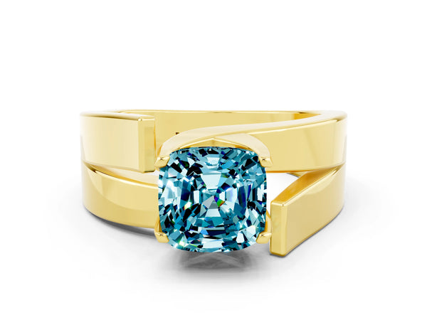 Yellow gold Modern Tension Set Cushion Cut Blue Topaz Solitaire Wide Band Ring
