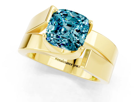Yellow gold Modern Tension Set Cushion Cut Blue Topaz Solitaire Wide Band Ring_1