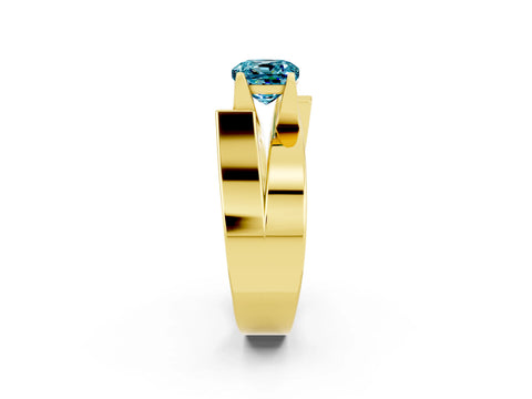Yellow gold Modern Tension Set Cushion Cut Blue Topaz Solitaire Wide Band Ring_2