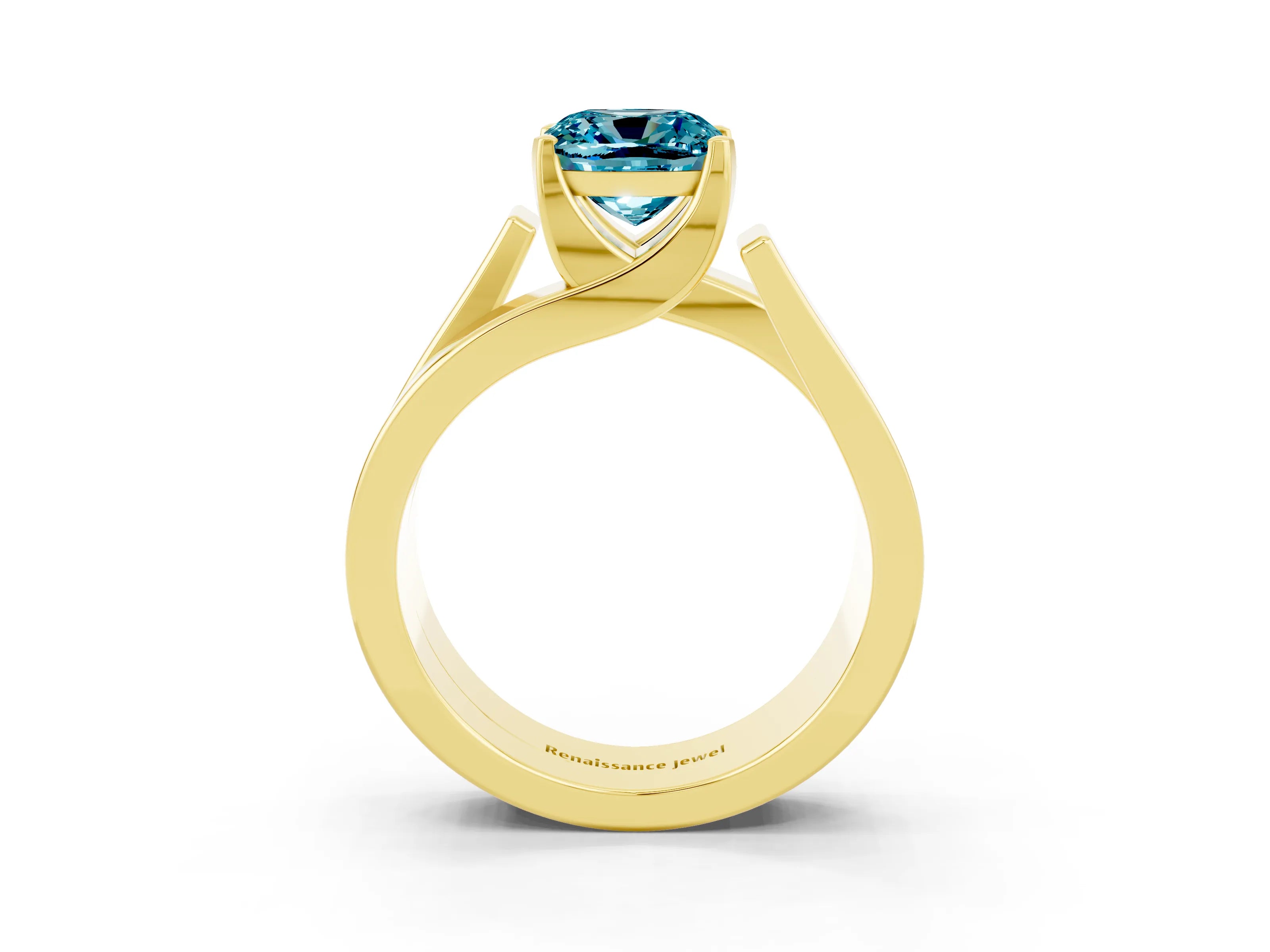 Yellow gold Modern Tension Set Cushion Cut Blue Topaz Solitaire Wide Band Ring_3
