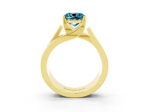 Yellow gold Modern Tension Set Cushion Cut Blue Topaz Solitaire Wide Band Ring