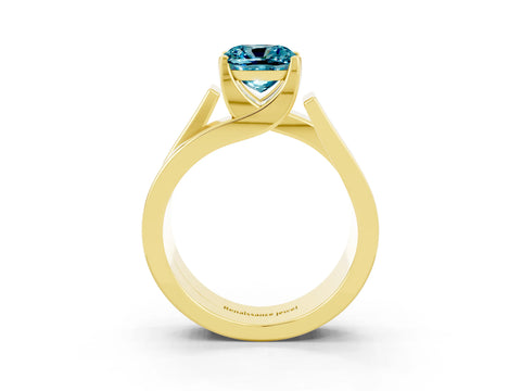 Yellow gold Modern Tension Set Cushion Cut Blue Topaz Solitaire Wide Band Ring_3