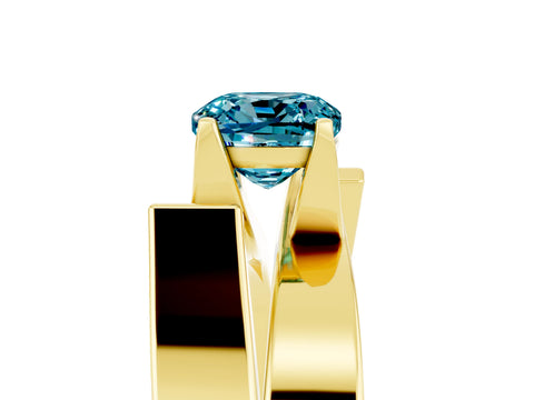 Yellow gold Modern Tension Set Cushion Cut Blue Topaz Solitaire Wide Band Ring_5