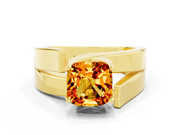 Yellow gold Modern Tension Set Cushion Cut Citrine Solitaire Wide Band Ring