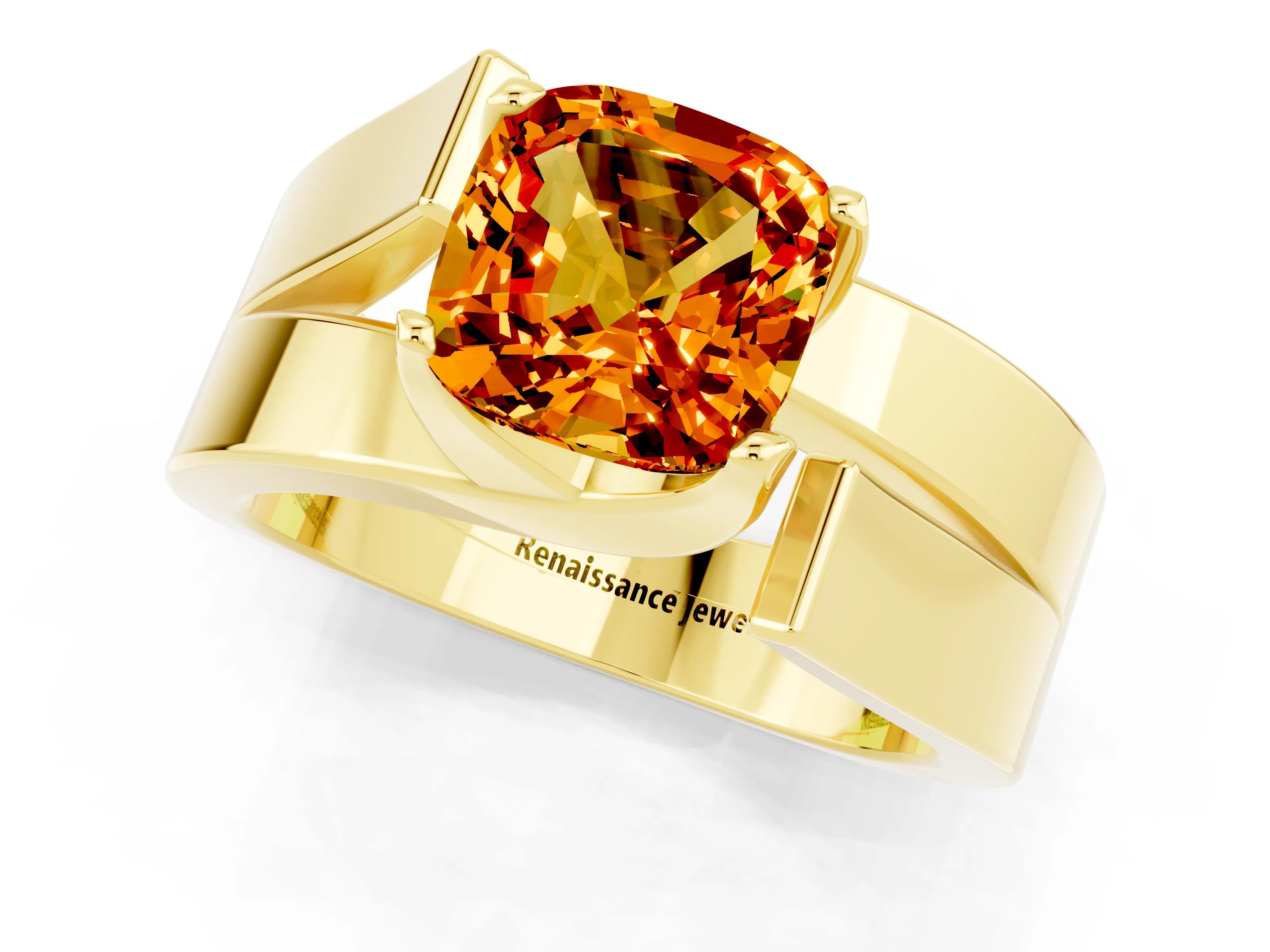 Yellow gold Modern Tension Set Cushion Cut Citrine Solitaire Wide Band Ring_1