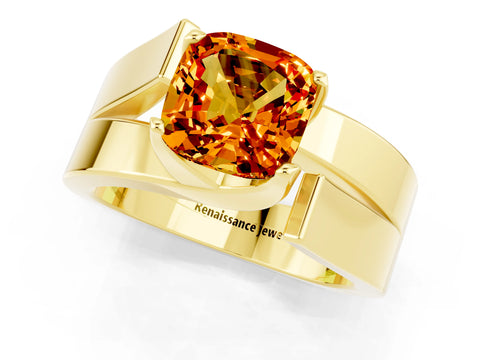 Yellow gold Modern Tension Set Cushion Cut Citrine Solitaire Wide Band Ring_1
