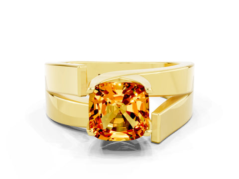 Yellow gold Modern Tension Set Cushion Cut Citrine Solitaire Wide Band Ring