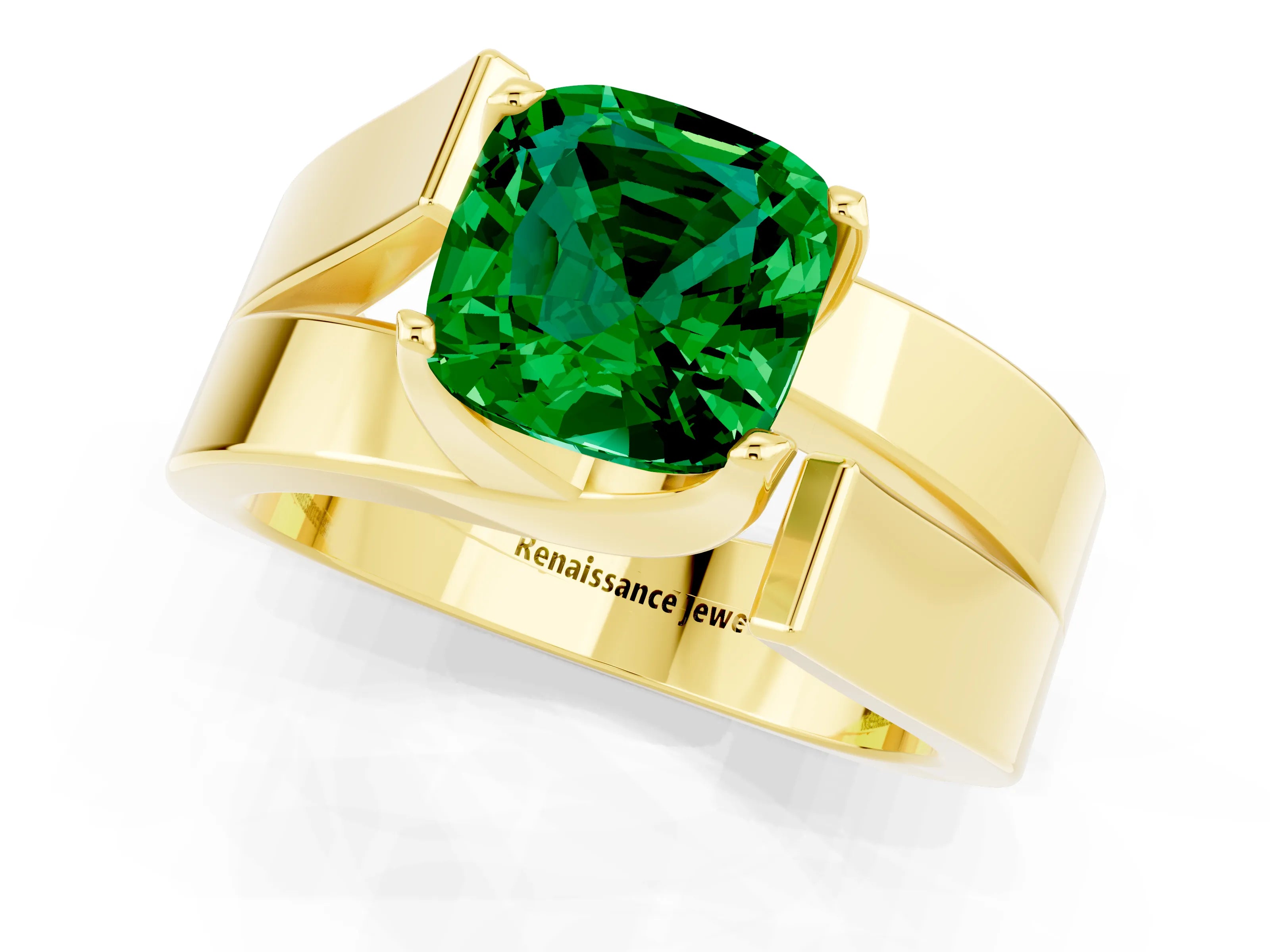 Yellow gold Modern Tension Set Cushion Cut Emerald Solitaire Wide Band Ring_1