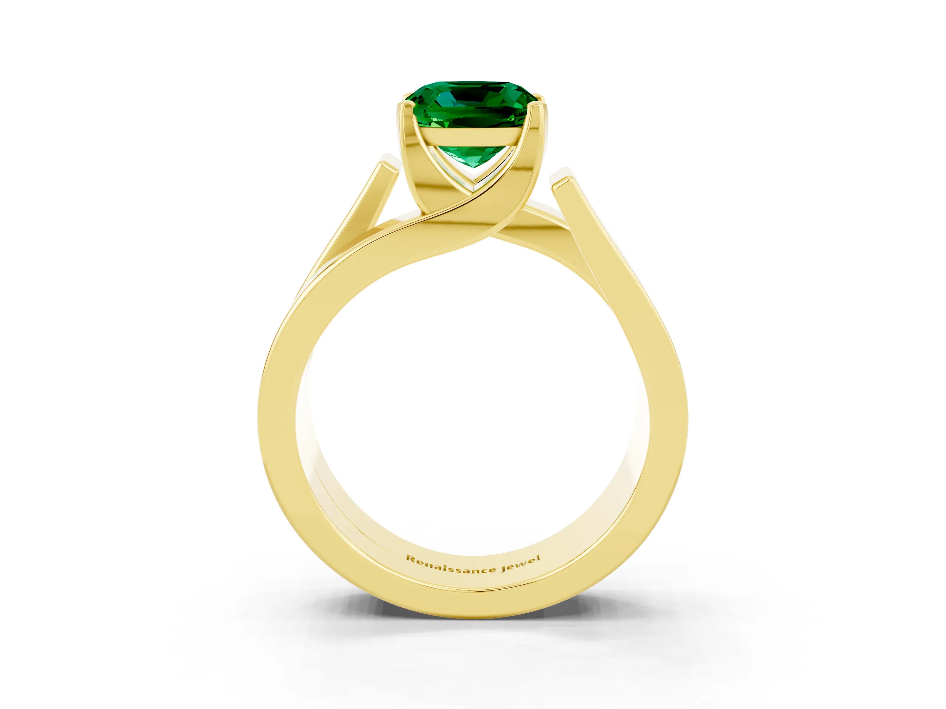 Yellow gold Modern Tension Set Cushion Cut Emerald Solitaire Wide Band Ring_3