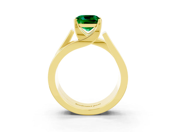 Yellow gold Modern Tension Set Cushion Cut Emerald Solitaire Wide Band Ring