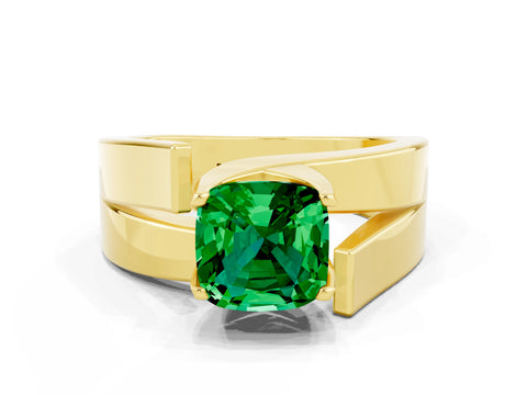 Yellow gold Modern Tension Set Cushion Cut Emerald Solitaire Wide Band Ring