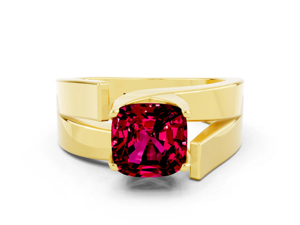 Yellow gold Modern Tension Set Cushion Cut Garnet Solitaire Wide Band Ring