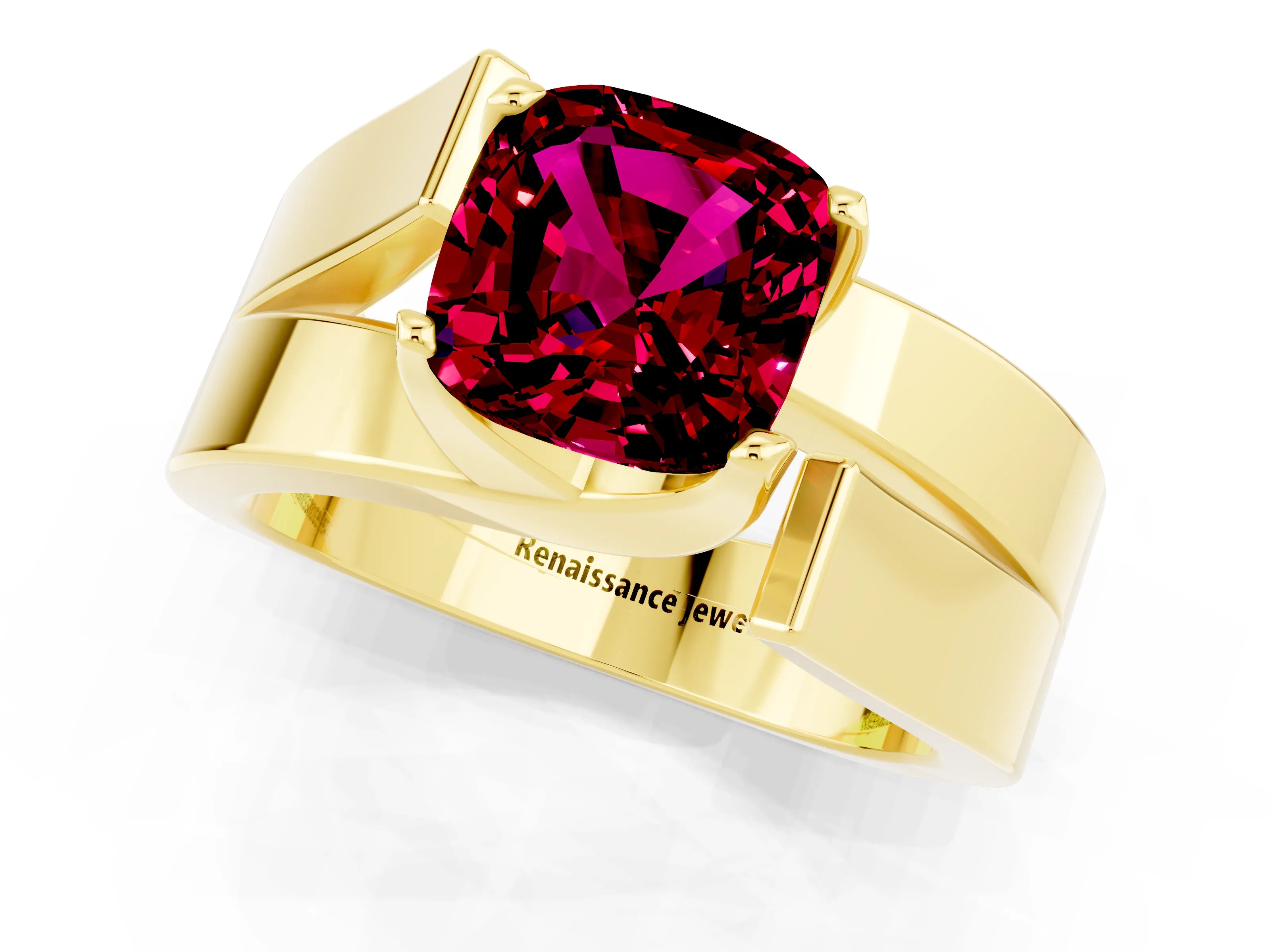Yellow gold Modern Tension Set Cushion Cut Garnet Solitaire Wide Band Ring_1