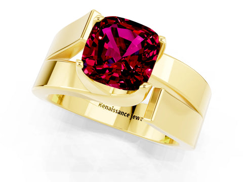 Yellow gold Modern Tension Set Cushion Cut Garnet Solitaire Wide Band Ring_1