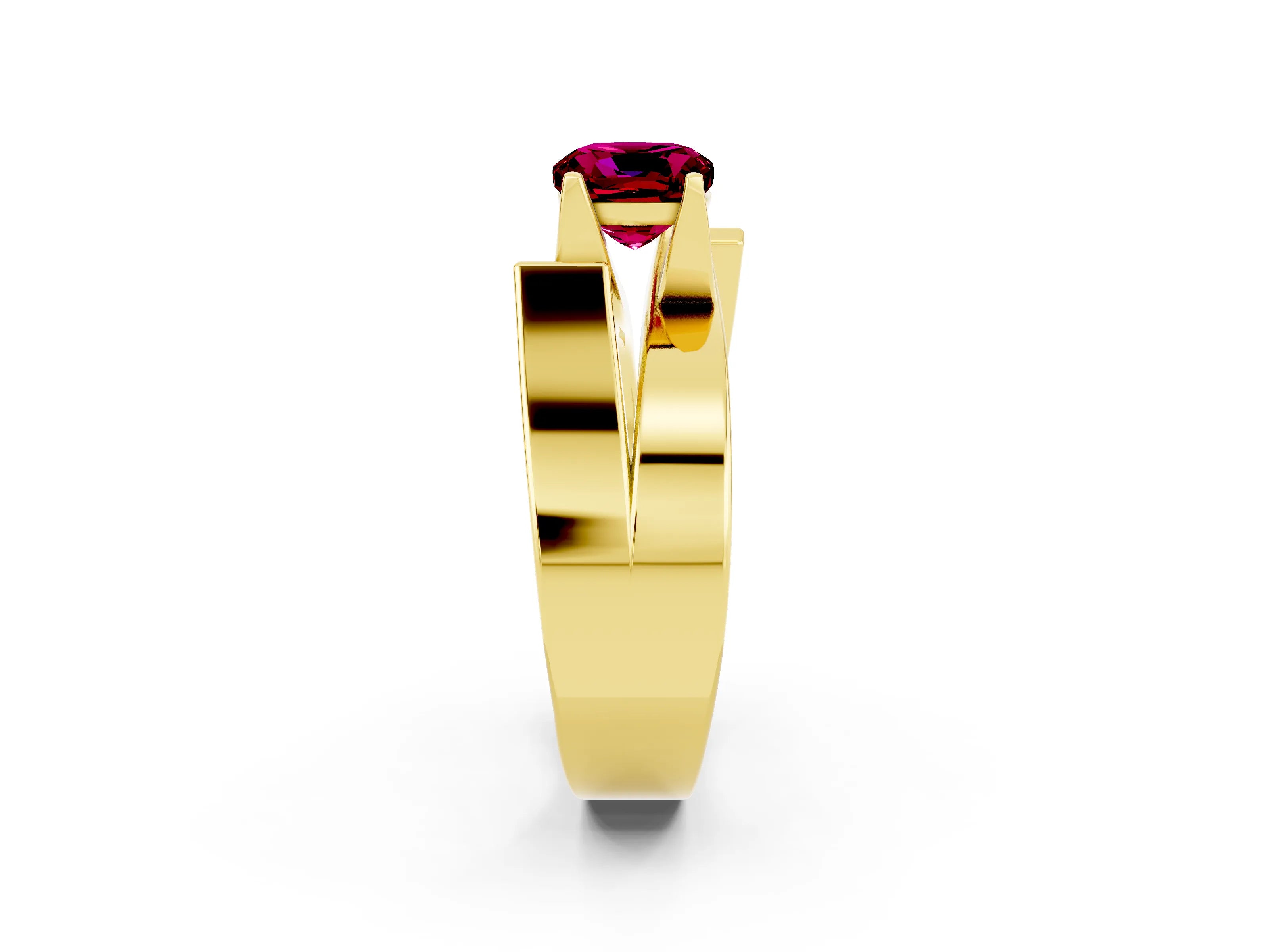 Yellow gold Modern Tension Set Cushion Cut Garnet Solitaire Wide Band Ring_2