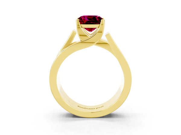 Yellow gold Modern Tension Set Cushion Cut Garnet Solitaire Wide Band Ring