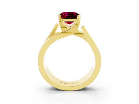 Yellow gold Modern Tension Set Cushion Cut Garnet Solitaire Wide Band Ring_3