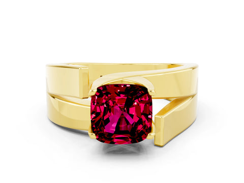 Yellow gold Modern Tension Set Cushion Cut Garnet Solitaire Wide Band Ring