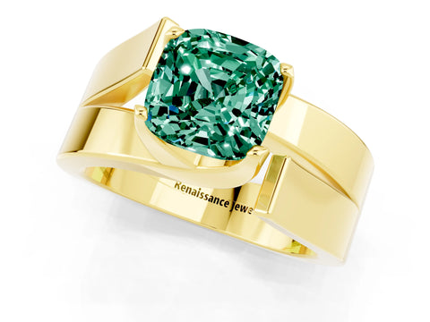 Yellow gold Modern Tension Set Cushion Cut Green Sapphire Solitaire Wide Band Ring_1