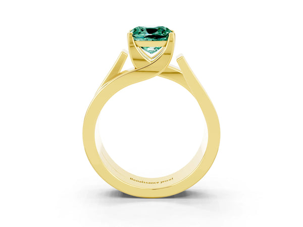 Yellow gold Modern Tension Set Cushion Cut Green Sapphire Solitaire Wide Band Ring