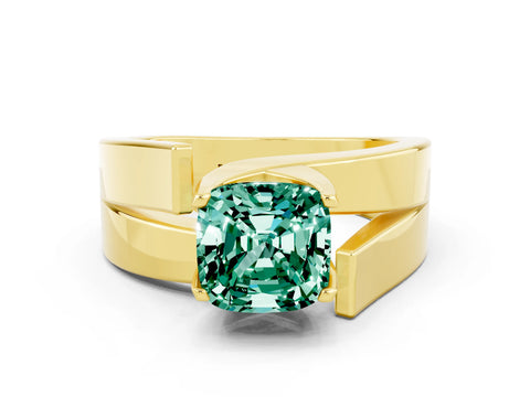 Yellow gold Modern Tension Set Cushion Cut Green Sapphire Solitaire Wide Band Ring