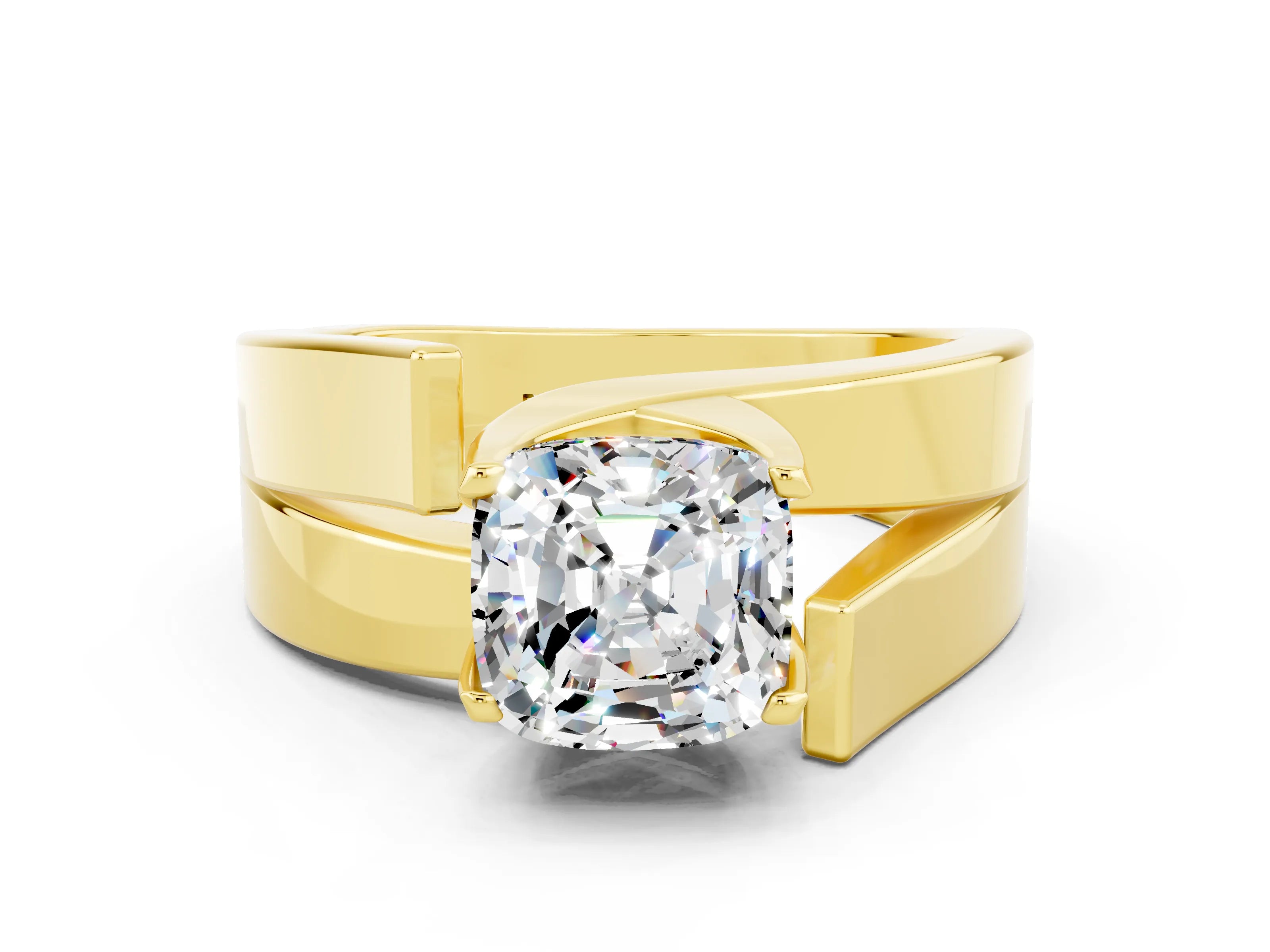Yellow gold Modern Tension Set Cushion Cut Moissanite Solitaire Wide Band Ring