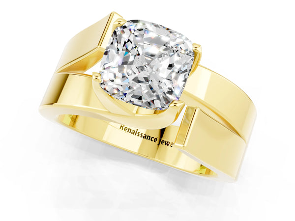 Yellow gold Modern Tension Set Cushion Cut Moissanite Solitaire Wide Band Ring