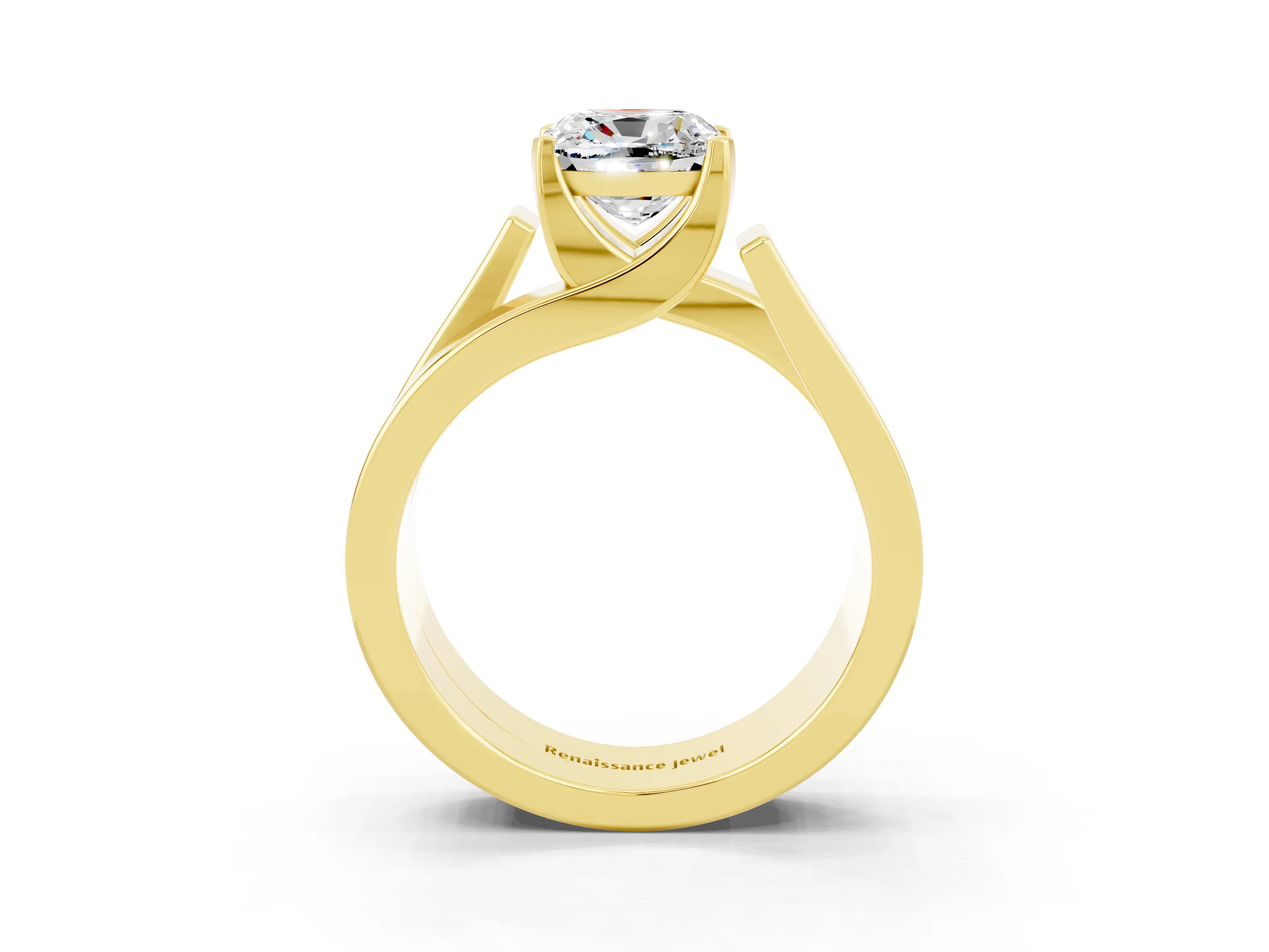 Yellow gold Modern Tension Set Cushion Cut Moissanite Solitaire Wide Band Ring_3