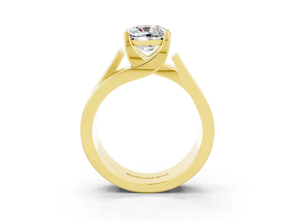 Yellow gold Modern Tension Set Cushion Cut Moissanite Solitaire Wide Band Ring