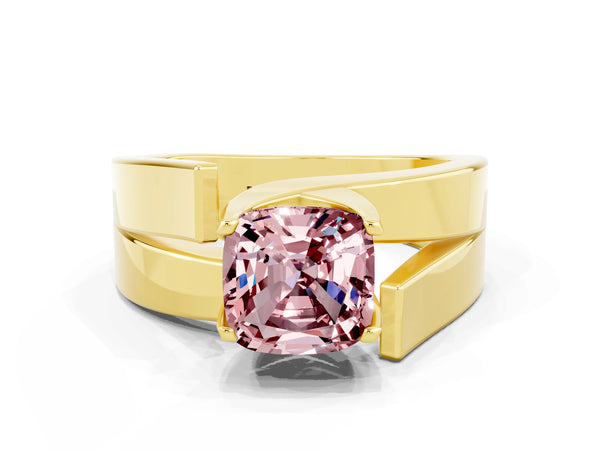 Yellow gold Modern Tension Set Cushion Cut Morganite Solitaire Wide Band Ring